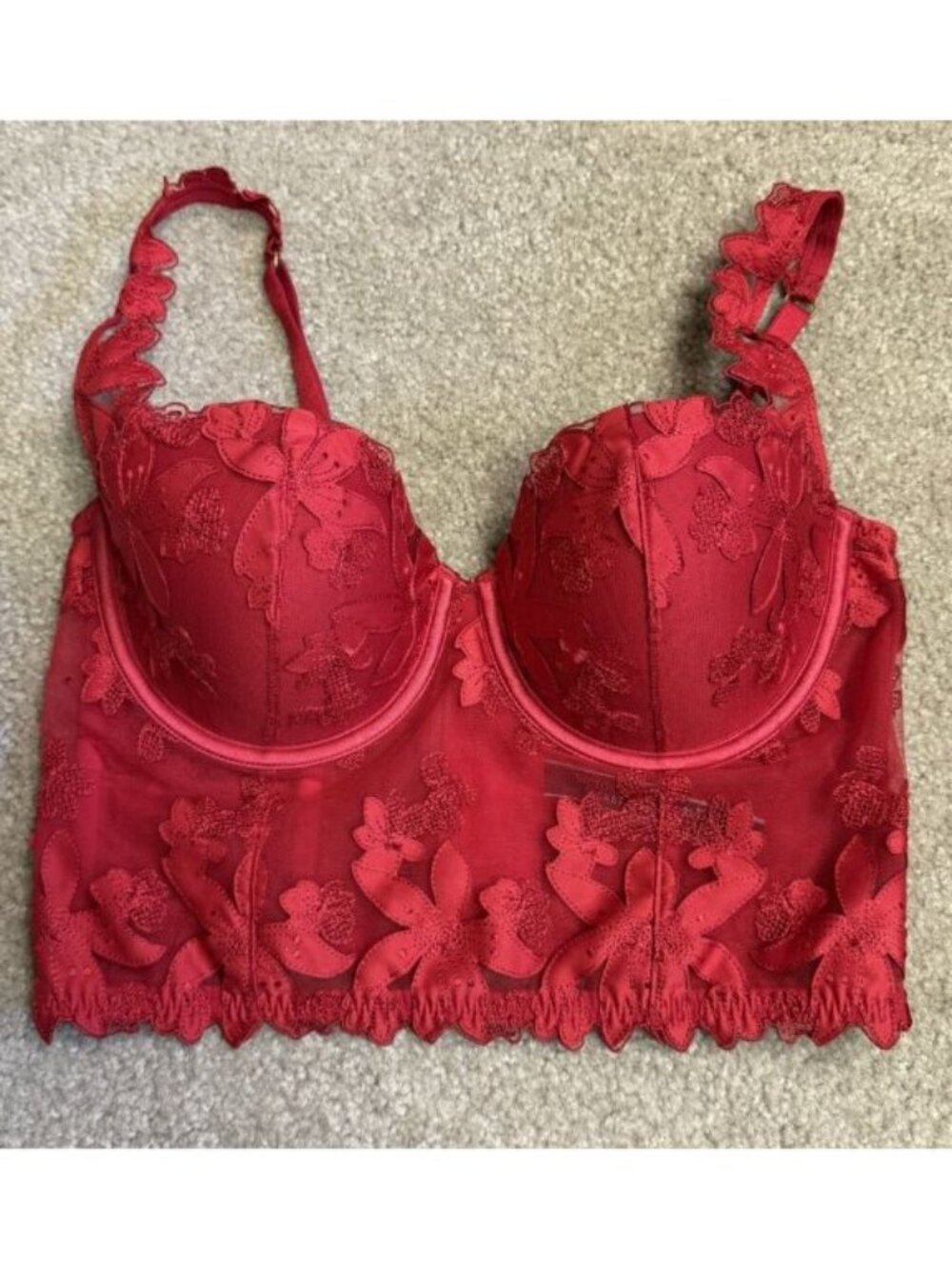 Victorias Secret Luxe Lingerie Lightly Lined Floral Lace Bustier Size 34D Red